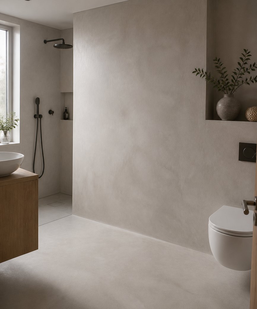 Warm grey microcement bathroom with continuous grout-free walls and flooring