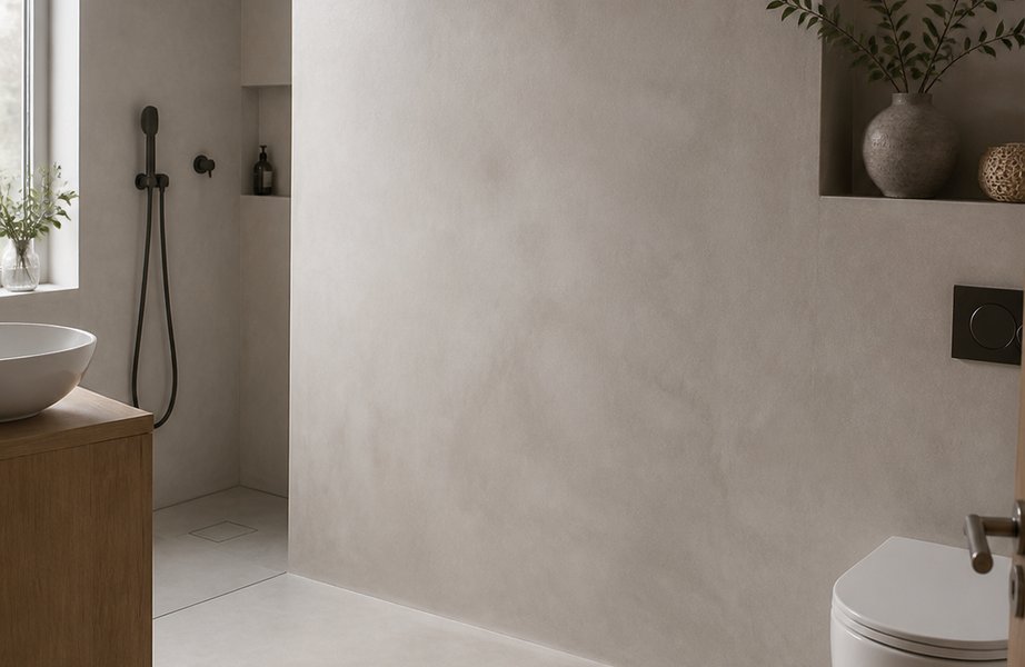 Warm grey microcement bathroom with grout-free walls and flooring