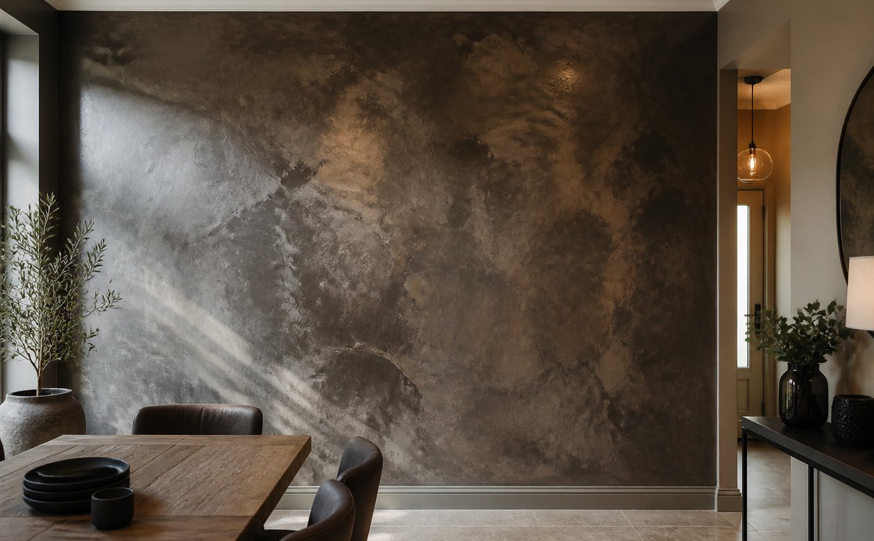 Dark bronze Venetian plaster feature wall in a dining room