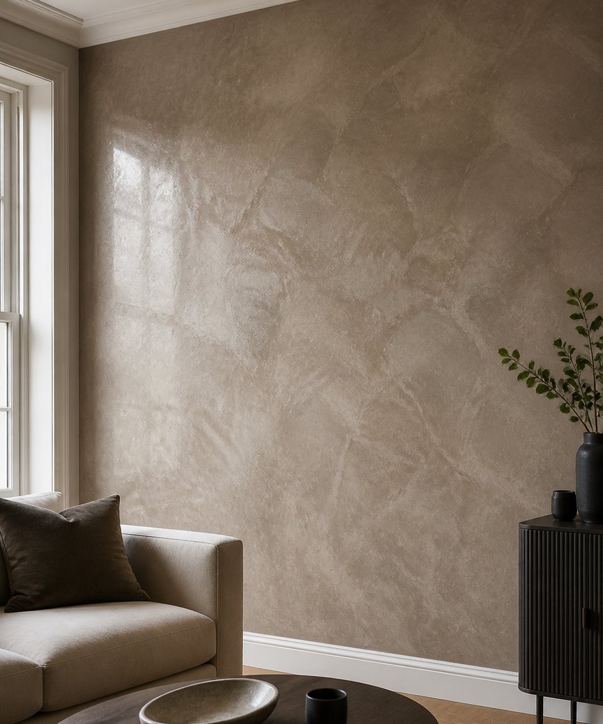 Warm neutral Venetian plaster feature wall with a polished hand-applied finish